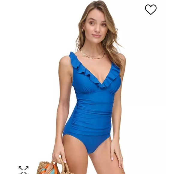 DKNY Lapis Pacific Blue Ruffle Plunge One-piece Swimsuit - Picture 2 of 4